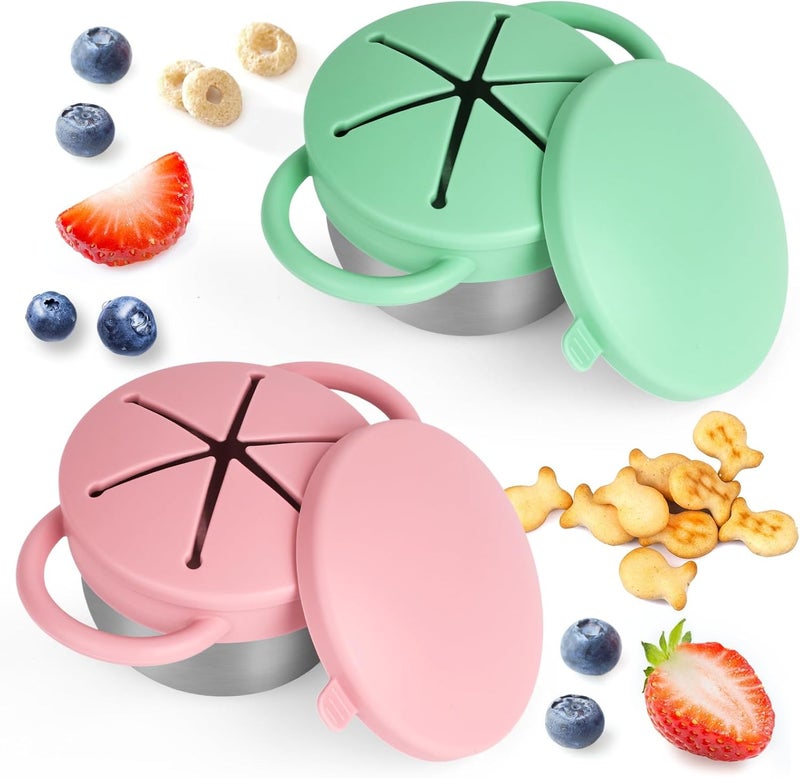 Daximo 2 Pack Snack Cups for Toddlers Spill Proof - Detachable Stainless Steel Toddler Snack Cups with Silicone Lids & Handles - Dishwasher Safe Baby Snack Containers for Mess-Free Snacking (Green and Pink) - Image 1